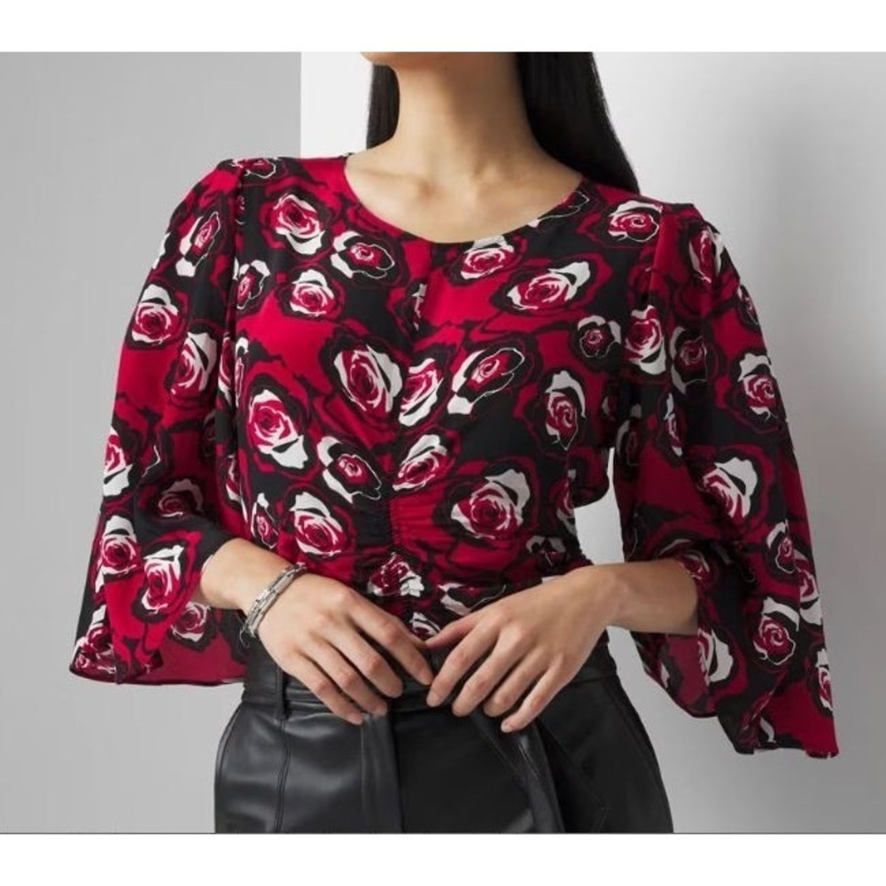 White House Black Market WHBM Women's 100% Viscose Rose Print Blouse - XS